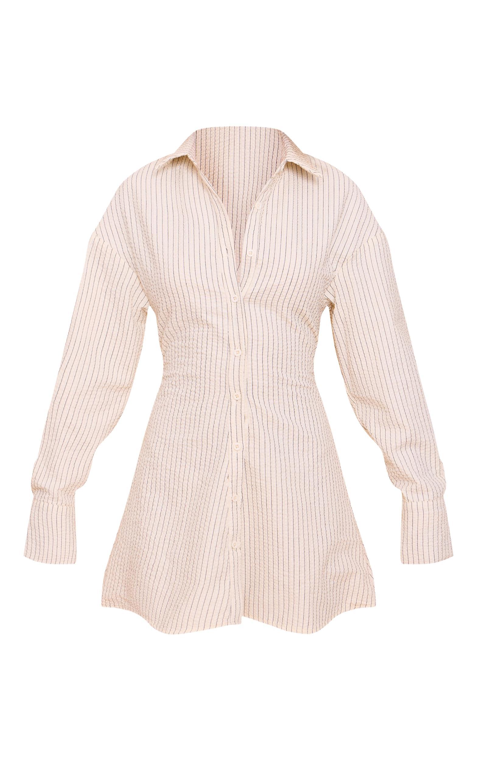 Petite Cream Pinstripe Seersucker Cinched Waist Shirt Dress Product Image