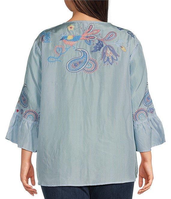 JOHNNY WAS Plus Size Neilly Silk Barine Stripe Split V-Neck 3/4 Ruffle Bell Sleeve Blouse Product Image