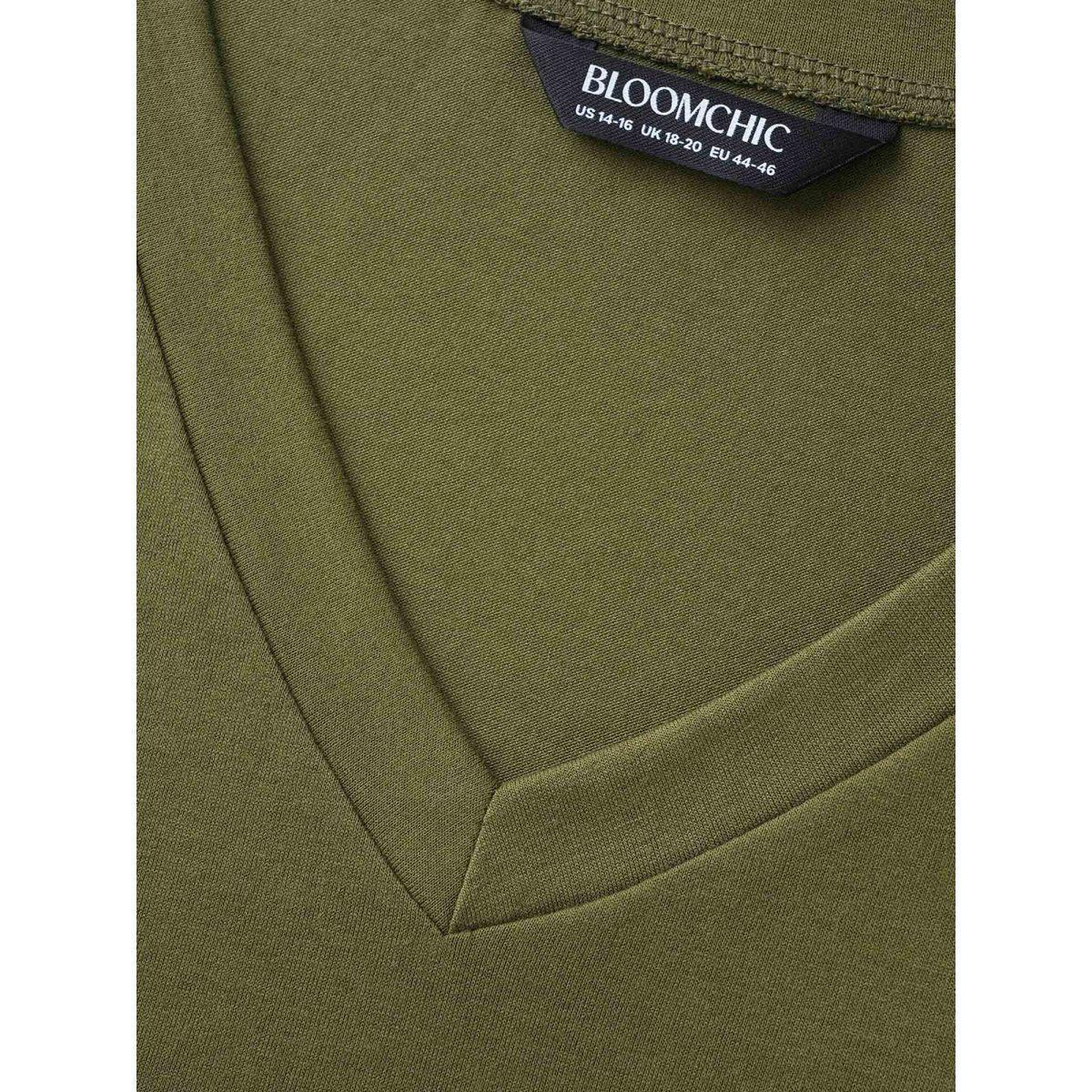 Plus Size V Neck Pleated Stretchy T-shirt ArmyGreen Women Casual Pleated V-neck Everyday T-shirts BloomChic 18-20/2X Product Image
