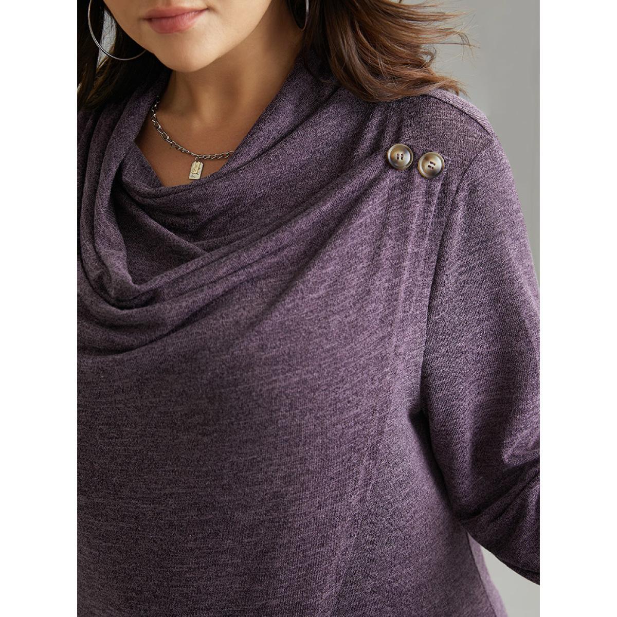 Plus Size Plain Heather Cowl Neck Button Detail Sweatshirt Women Purple Casual Overlapping Cowl Neck Everyday Sweatshirts BloomChic 28/5X Product Image