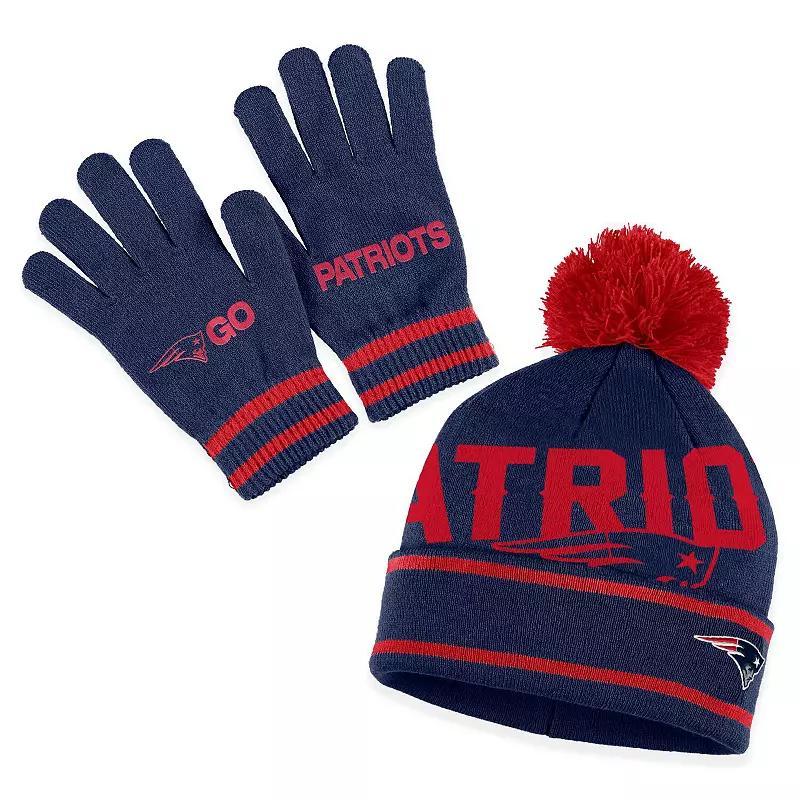 Women's WEAR by Erin Andrews  Navy New England Patriots Double Jacquard Cuffed Knit Hat with Pom and Gloves Set, Blue Product Image