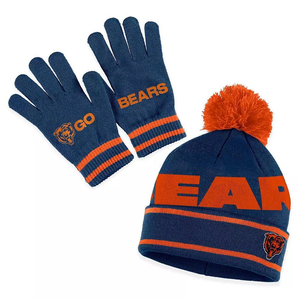 Women's WEAR by Erin Andrews  Navy New England Patriots Double Jacquard Cuffed Knit Hat with Pom and Gloves Set, Blue Product Image