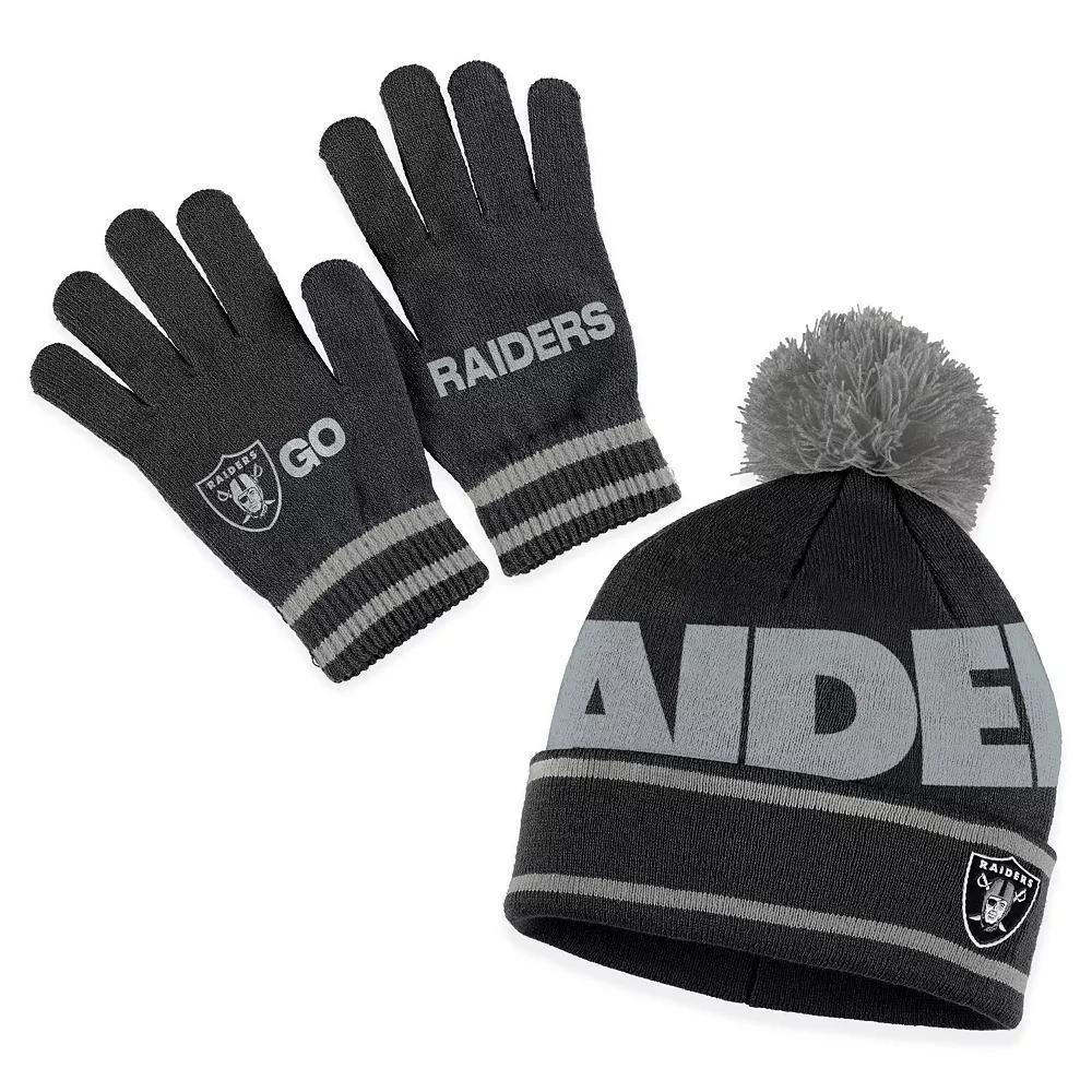 Women's WEAR by Erin Andrews Black Las Vegas Raiders Double Jacquard Cuffed Knit Hat with Pom and Gloves Set, Lvr Black Product Image