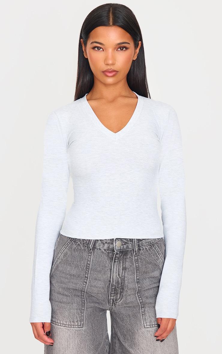 Ash Grey Sculpt V Neck Long Sleeve Top Product Image