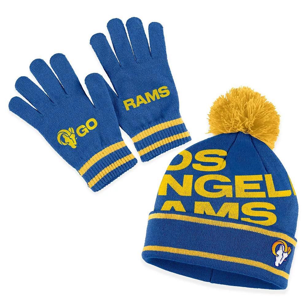 Women's WEAR by Erin Andrews Royal Los Angeles Rams Double Jacquard Cuffed Knit Hat with Pom and Gloves Set, Blue Product Image