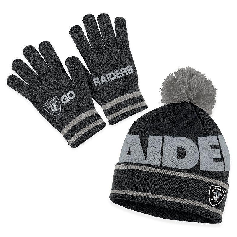 Women's WEAR by Erin Andrews Black Las Vegas Raiders Double Jacquard Cuffed Knit Hat with Pom and Gloves Set, Lvr Black Product Image