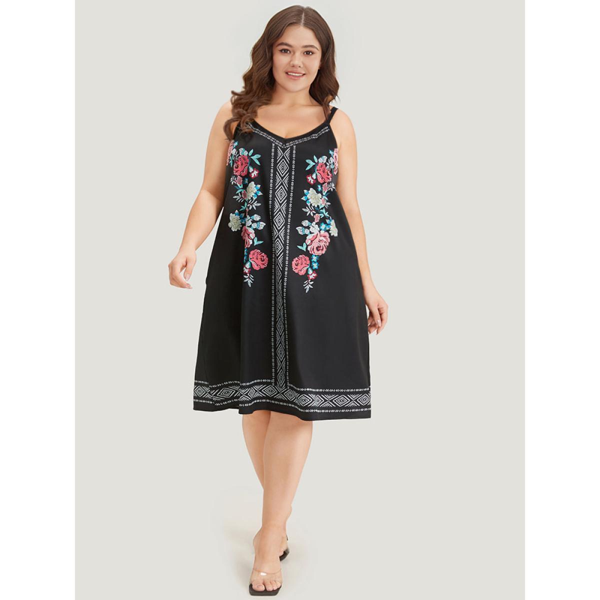 Plus Size Boho Print Pocket Cami Knee Dress Black Women Vacation Printed Spaghetti Strap Sleeveless Curvy Knee Dress BloomChic 26/4X Product Image