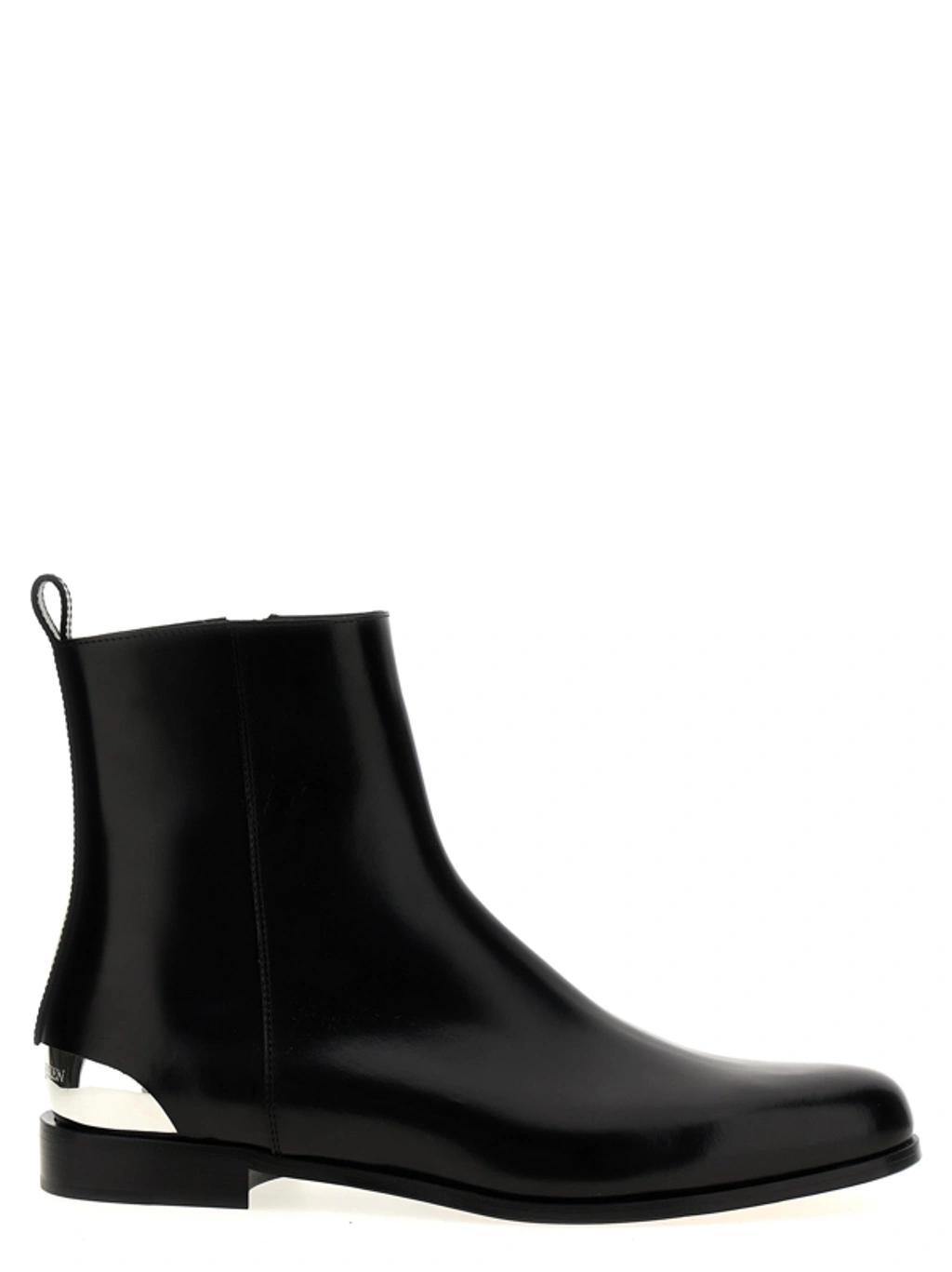 ALEXANDER MCQUEEN Lux Trend Black Ankle Boots With Metal Detail In Smooth Leather Man In Black Silver Product Image
