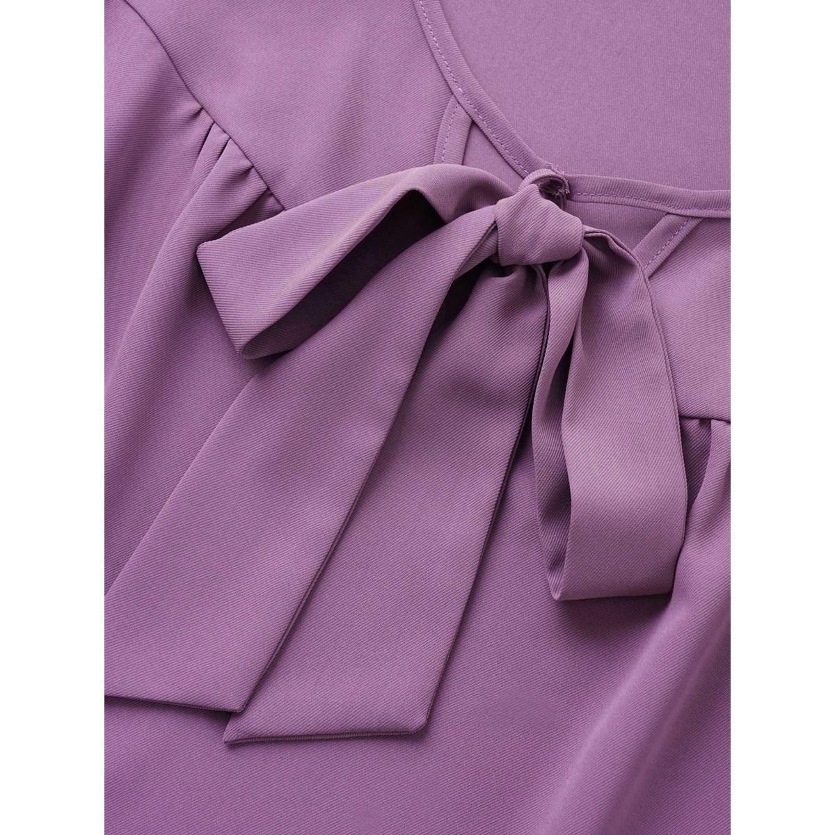 Plus Size Purple Solid Ribbon Tied Collar Bell Sleeve Blouse Women At the Office Elbow-length sleeve Ribbon-tied collar Work Blouses BloomChic 30/6X Product Image
