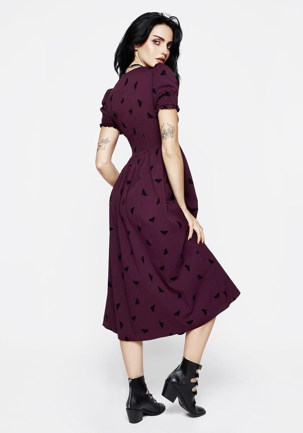 Styx Moth Flocked Velour Print Midi Dress Product Image