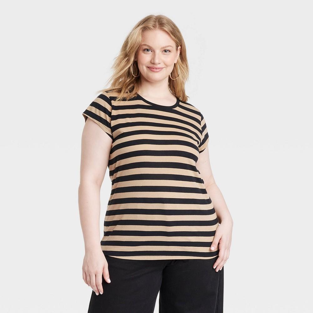 Womens Fitted Short Sleeve T-Shirt - Universal Thread Black/Tan Striped 1X Product Image