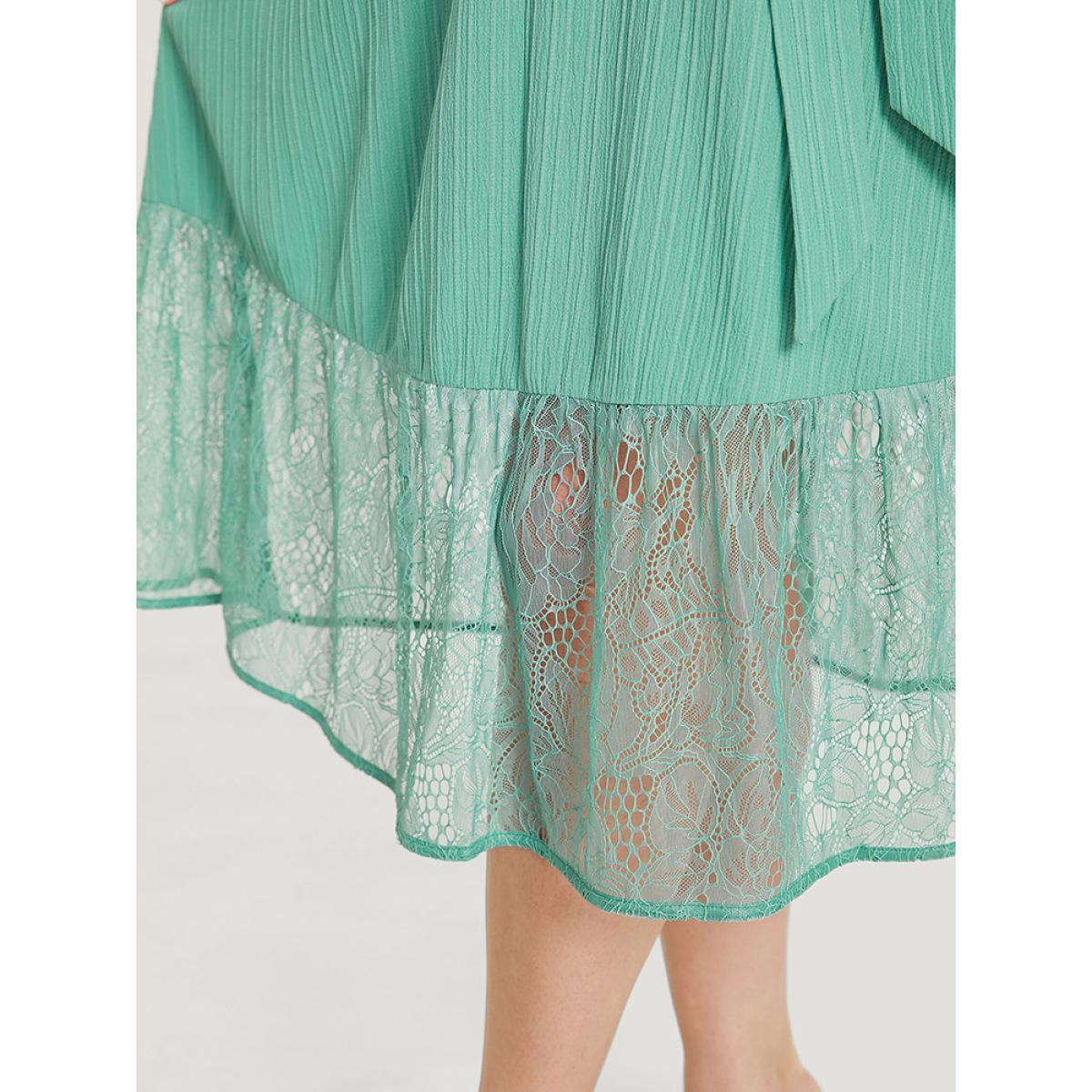 Plus Size Plain Pocket Lace Raglan Sleeve Ruffle Belted Plisse Dress Mint Women Office Plain V-neck Short sleeve Curvy Midi Dress BloomChic 30/6X Product Image