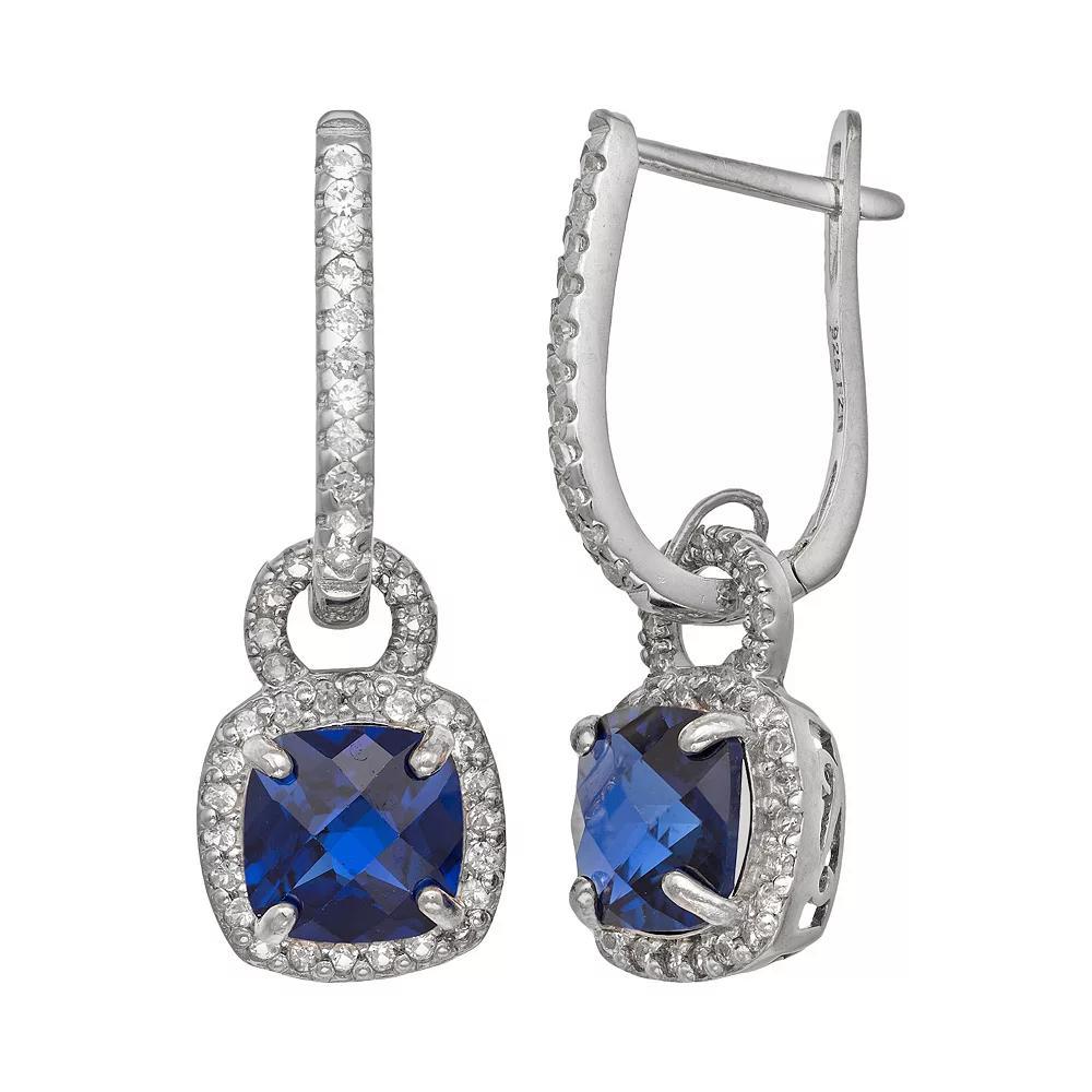 Sterling Silver Lab-Created Blue and White Sapphire Square Halo Drop Earrings, Women's, Multi Product Image