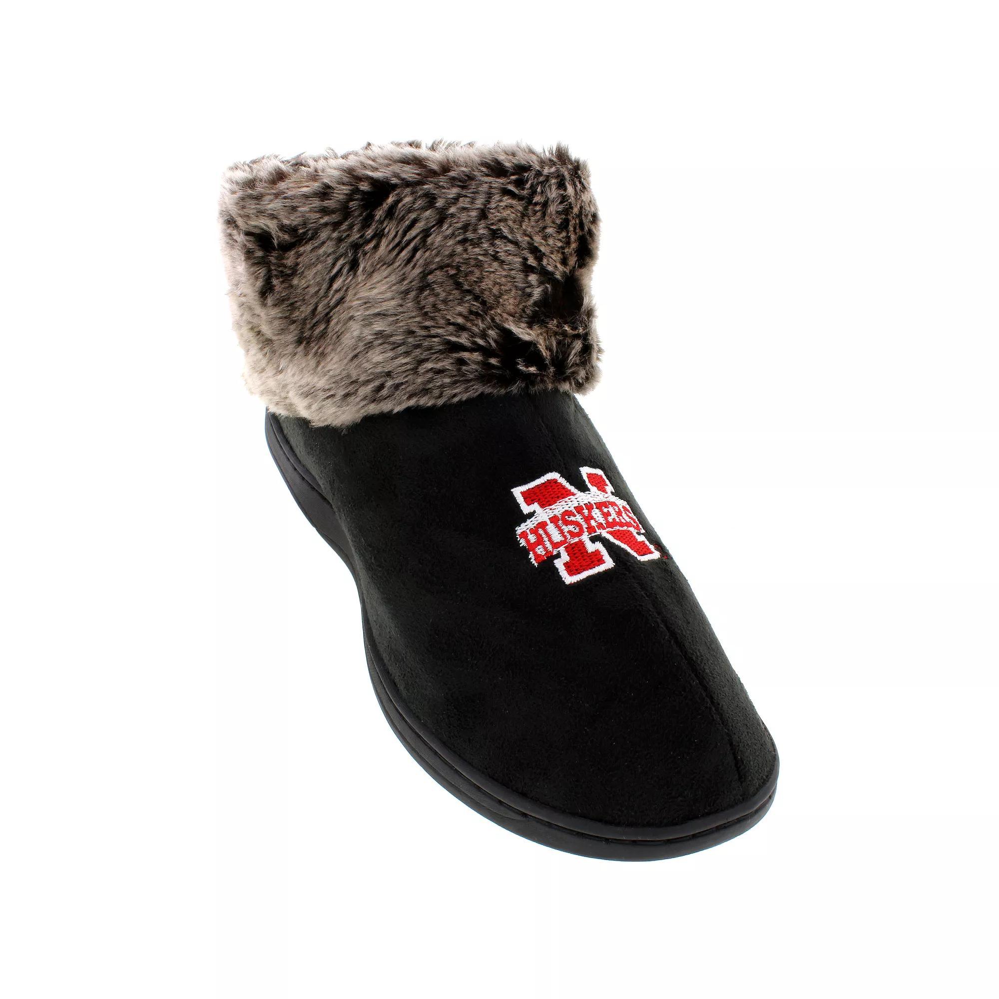 Nebraska Cornhuskers Faux-Fur Slippers, Women's, Size: Large, Black Product Image