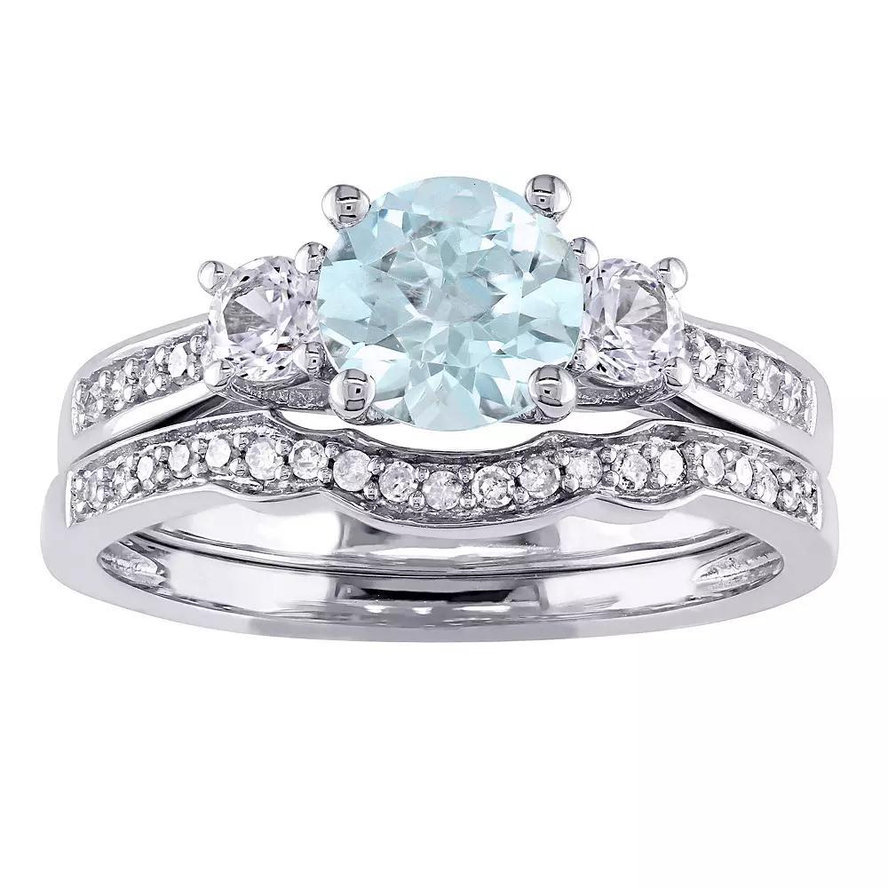 Stella Grace 10k White Gold Aquamarine, Lab-Created White Sapphire & 1/8 Carat T.W. Diamond Vintage Engagement Ring Set, Women's, Size: 5 Product Image