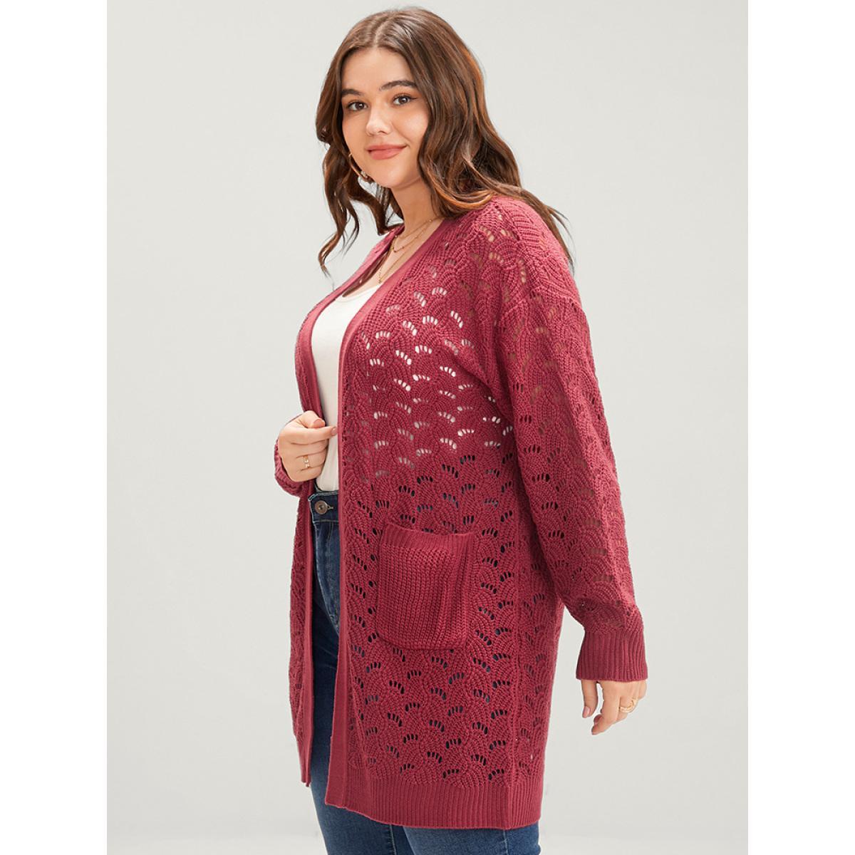 Plus Size Plain Pointelle Knit Cut Out Pocket Open Front Mid Long Cardigan Burgundy Women Casual Loose Long Sleeve Dailywear Cardigans BloomChic 10/M Product Image