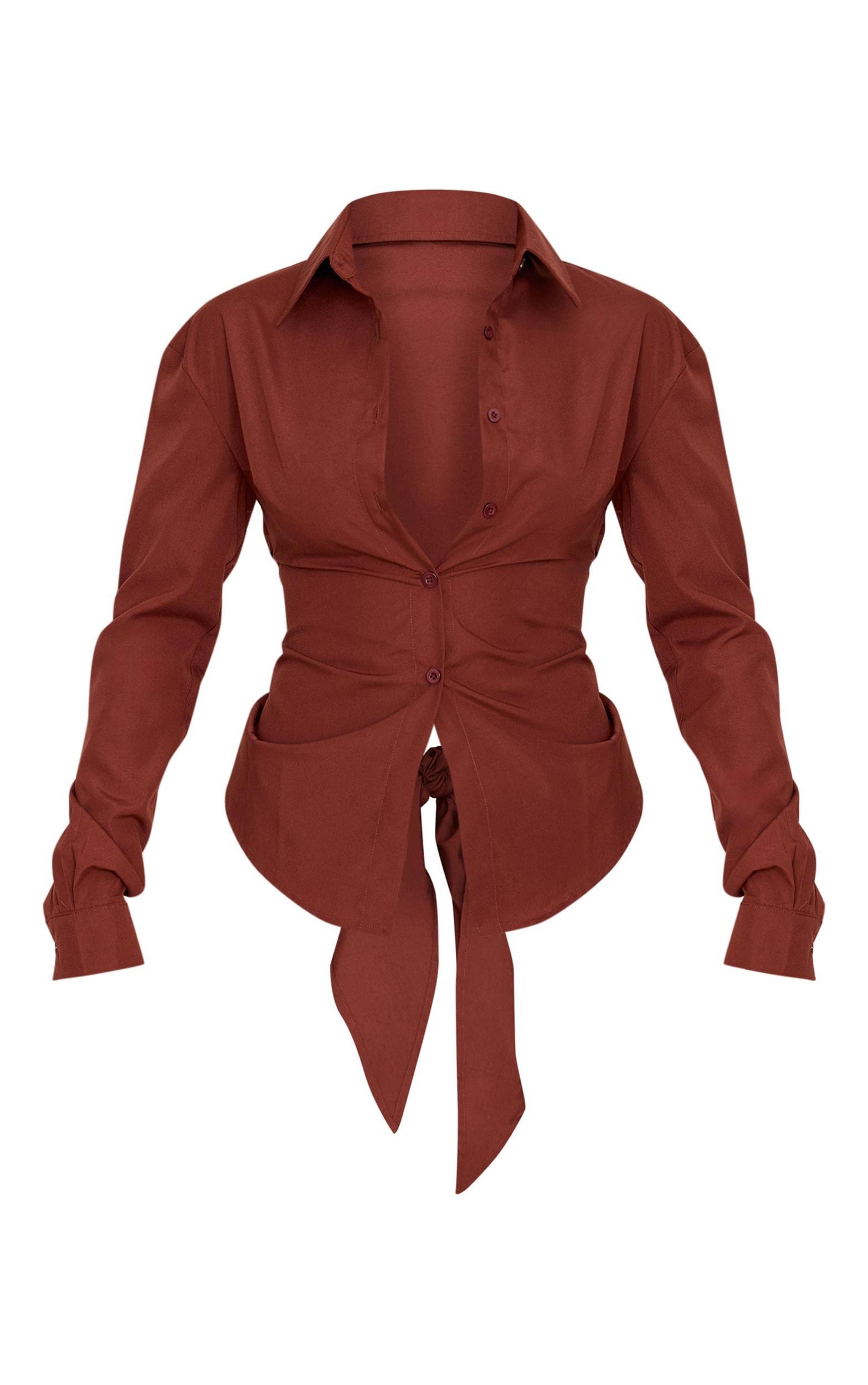 Chocolate Fitted Open Tie Back Shirt Product Image
