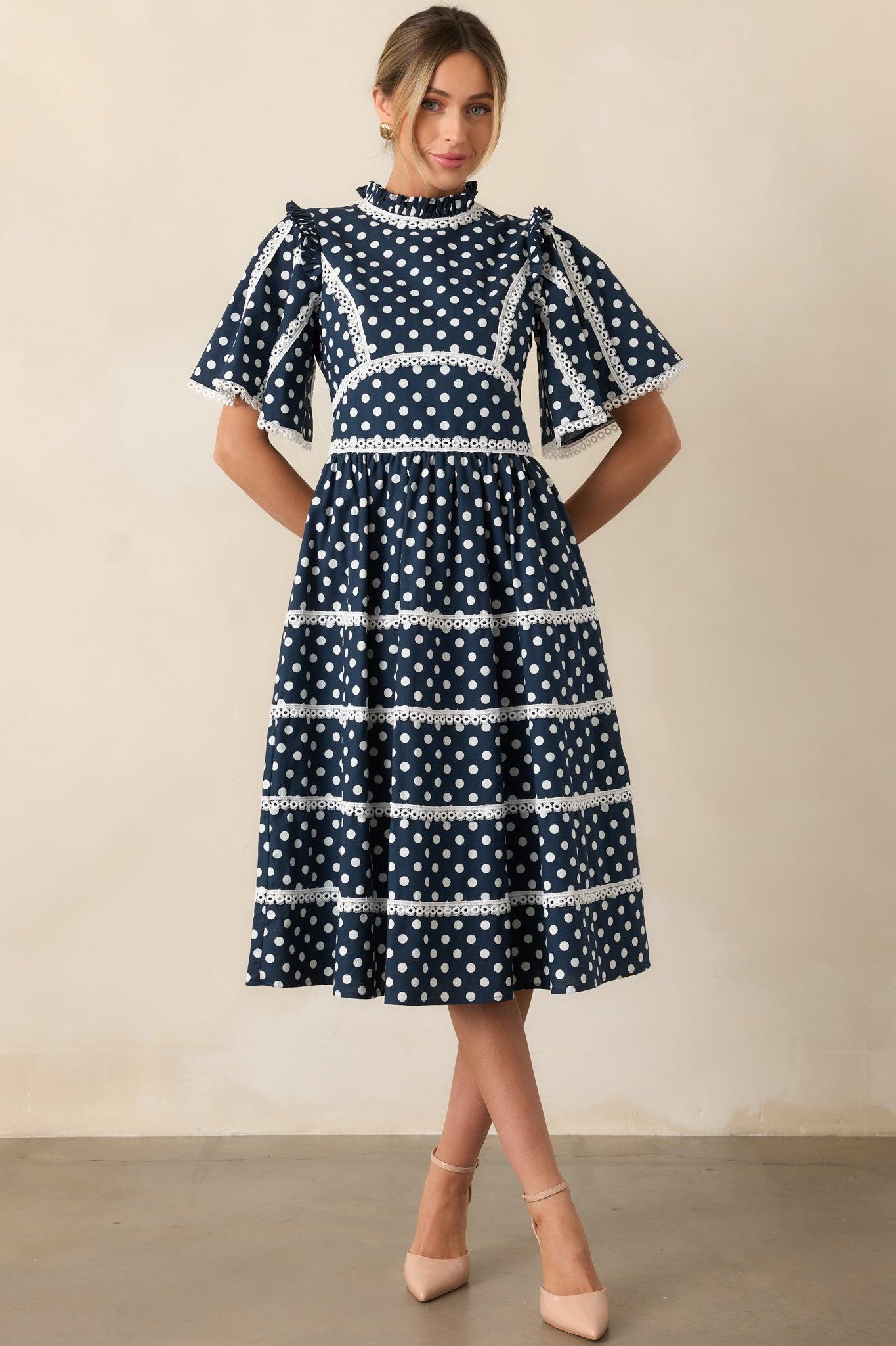 Prosperina Andromeda Navy Polka Dot Cotton Midi Dress Product Image