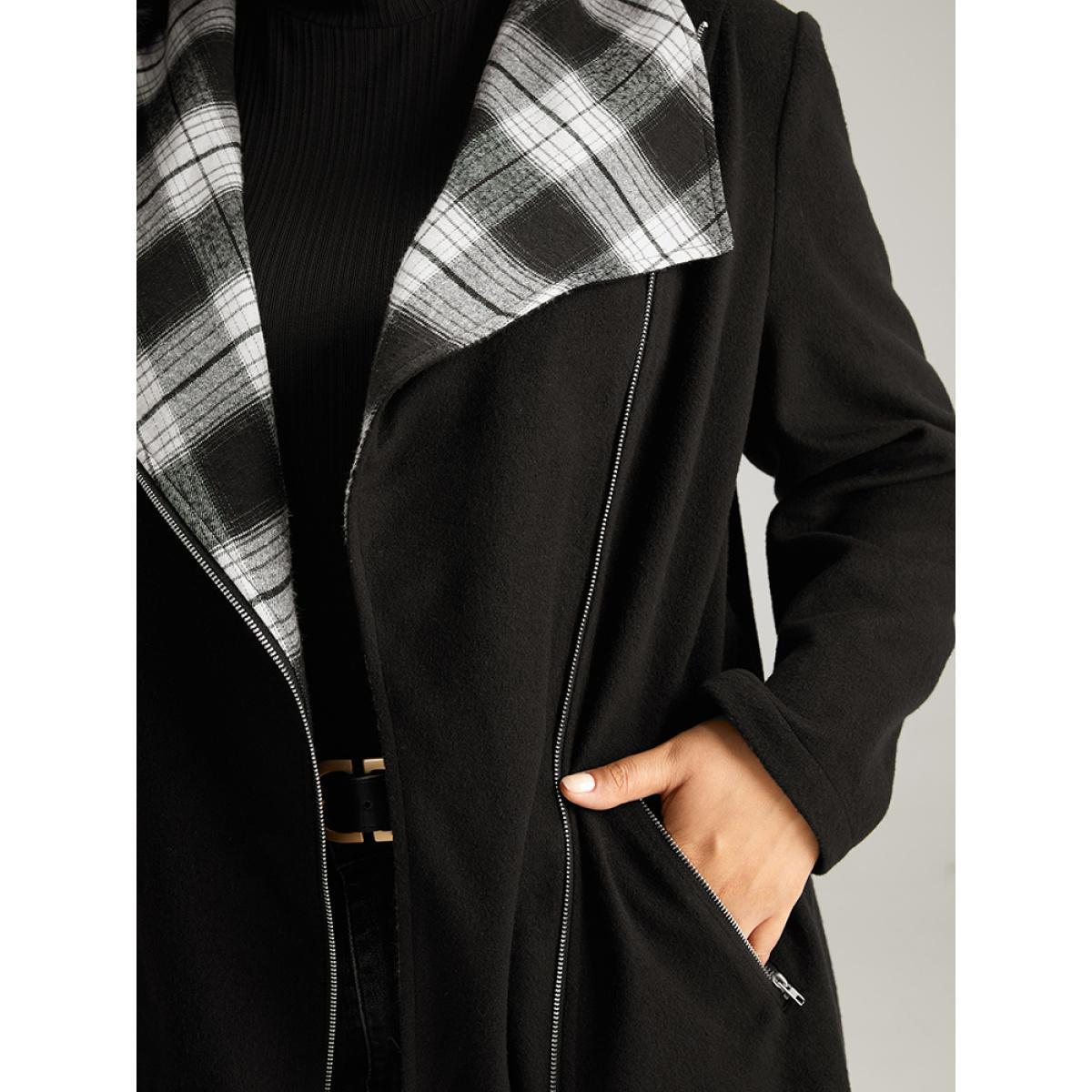 Plus Size Plaid Patchwork Lapel Collar Zipper Coat Women Black Elegant Contrast Ladies Everyday Winter Coats BloomChic 12/L Product Image