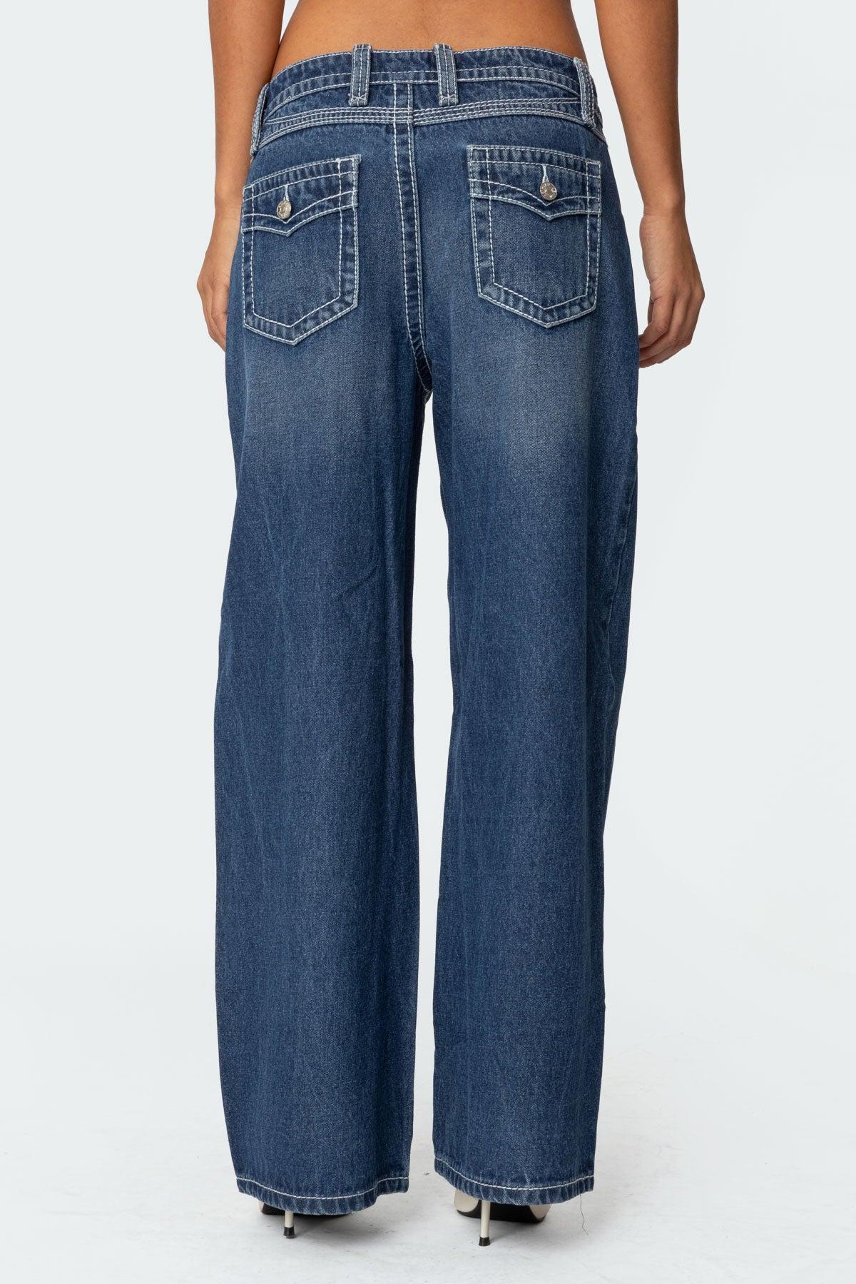 Contrast Stitch Low Rise Boyfriend Jeans Product Image