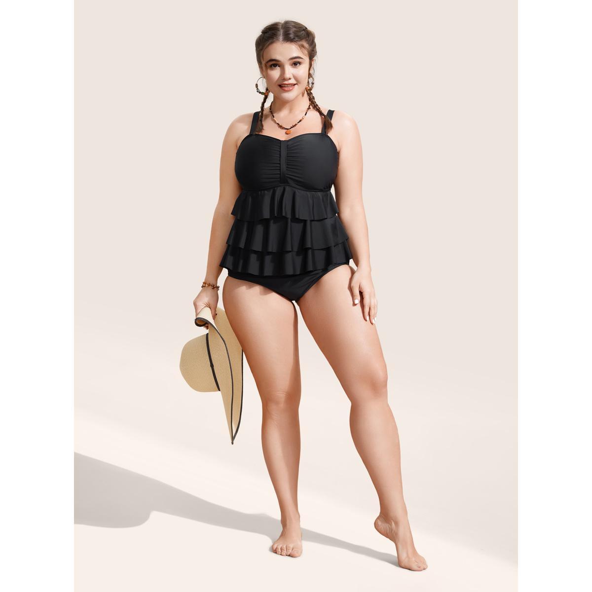 Plus Size Solid Tiered Ruffles Ruched One Piece Swimsuit Women's Swimwear Black Beach Gathered Curve Bathing Suits High stretch One Pieces BloomChic 14-16/1X Product Image