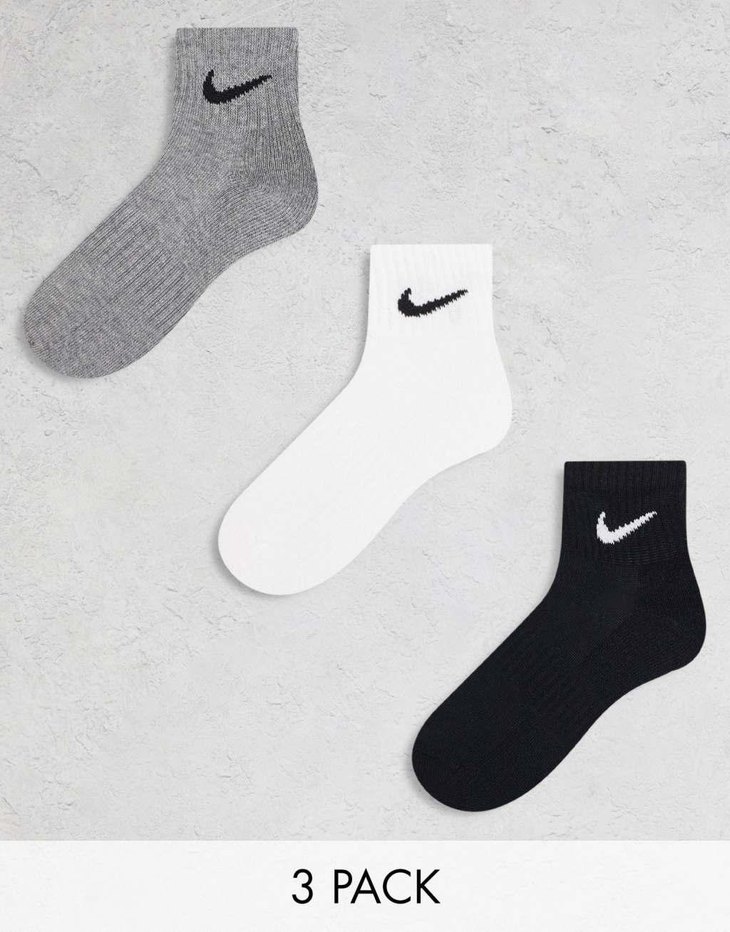 Nike Training Everyday Cushioned 3 pack ankle sock in white, gray and black Product Image
