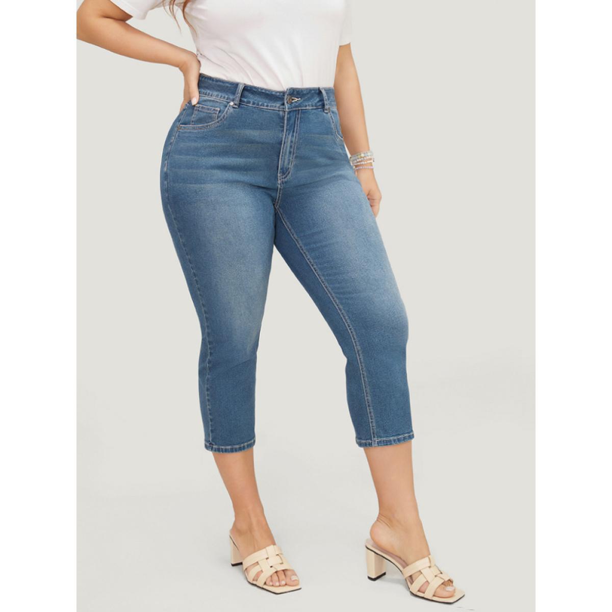 Plus Size Skinny Very Stretchy High Rise Medium Wash Cropped Jeans Women Indigo Casual Plain High stretch Side seam pocket Jeans BloomChic 28/5X Product Image