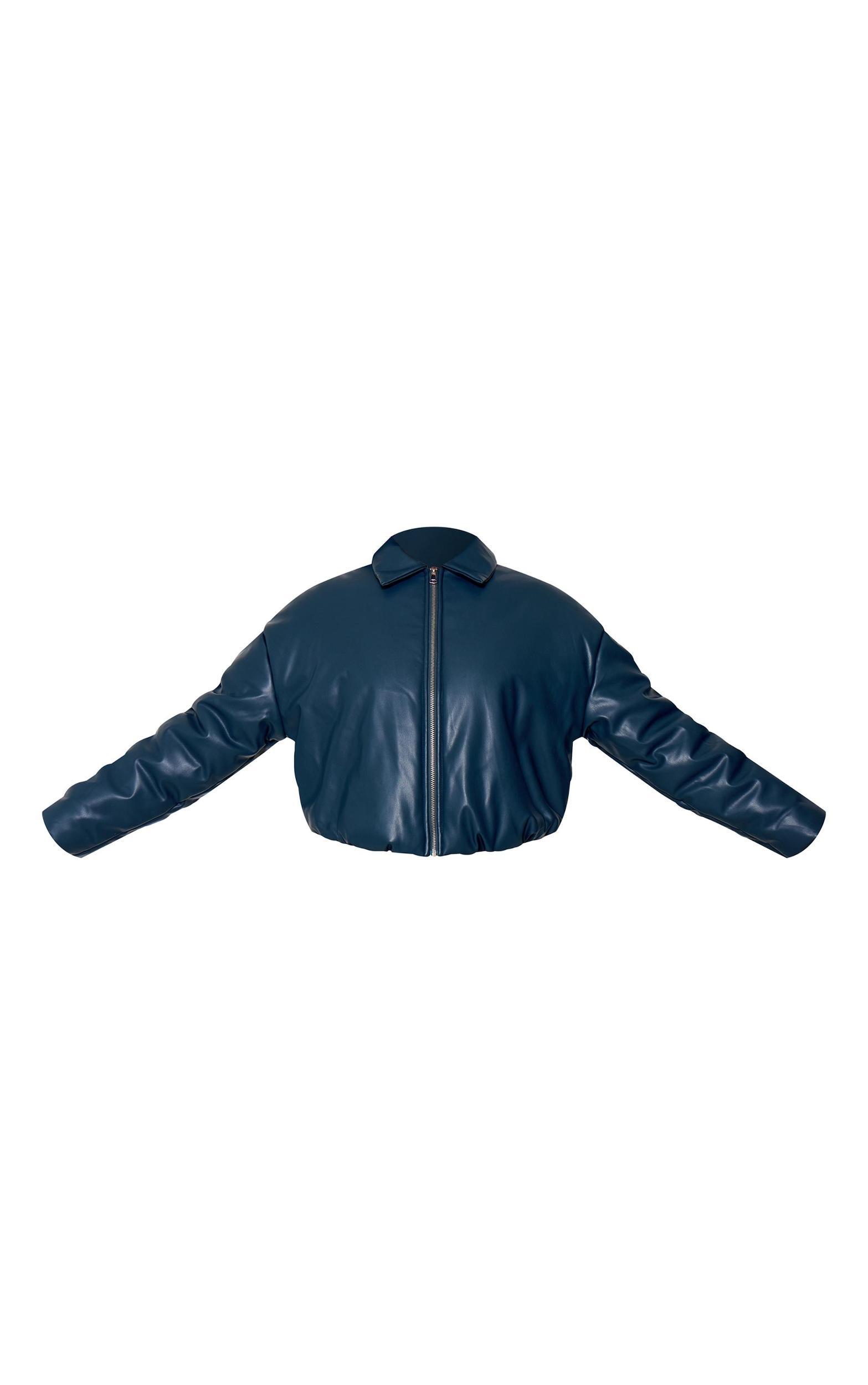 Teal Faux Leather Collar Detail Puffer Jacket Product Image
