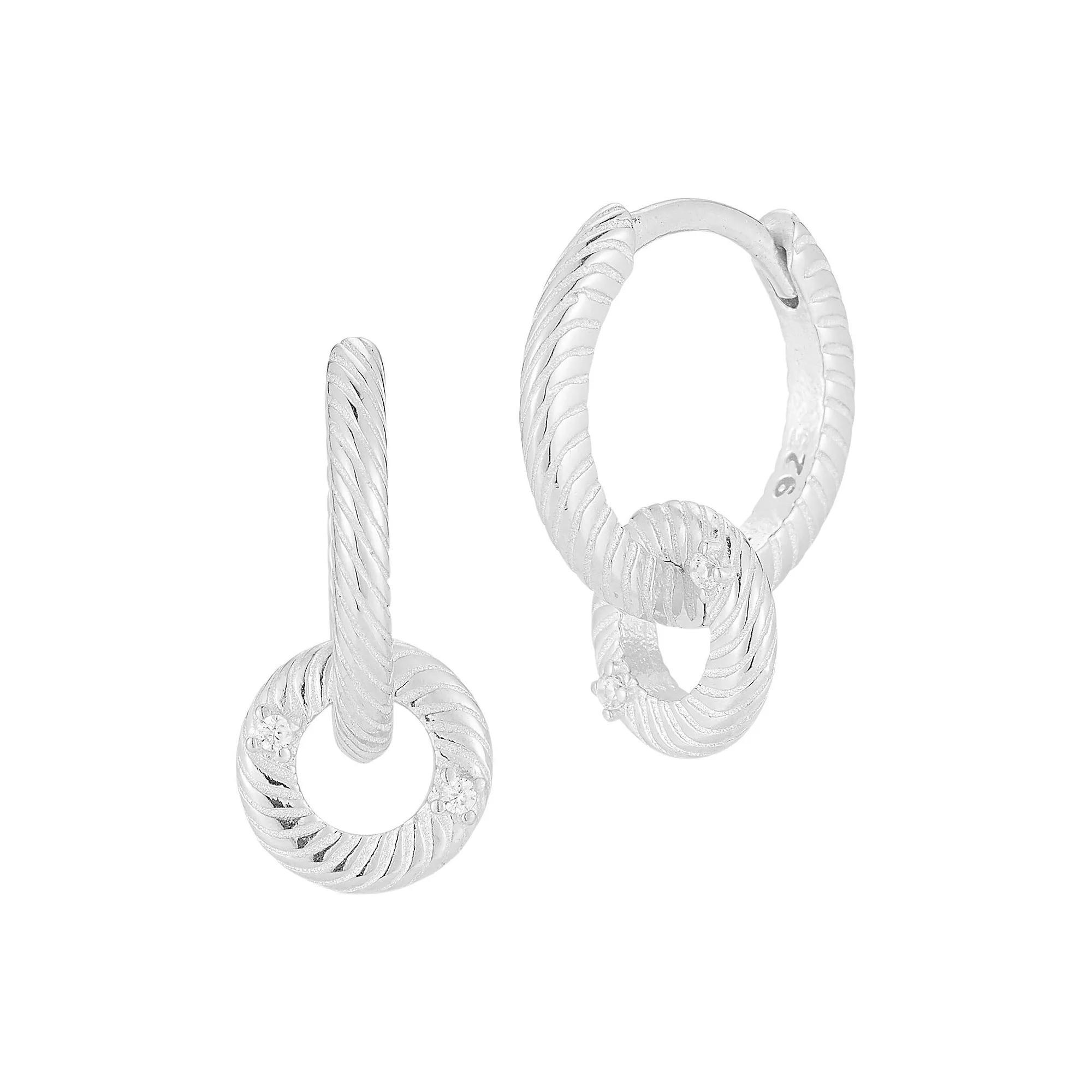 Sunkissed Sterling Sterling Silver Cubic Zirconia Textured Double-Circle Drop Hoop Earrings, Womens, Silver Tone Product Image
