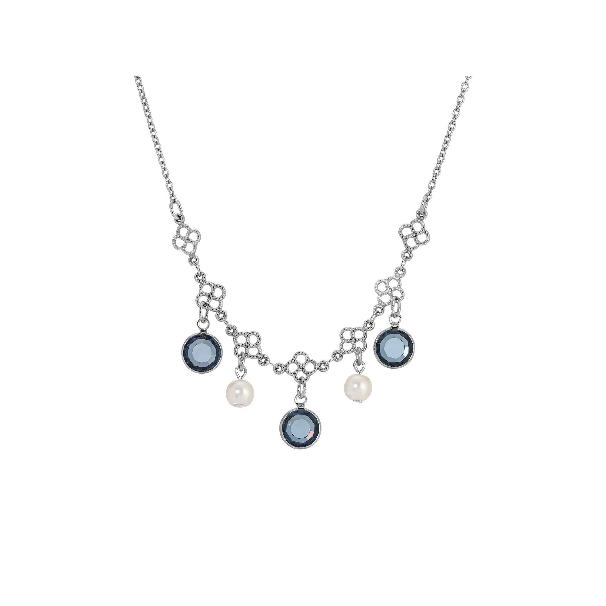 1928 Silver Tone Crystal & Simulated Pearl Necklace, Womens, Blue Product Image