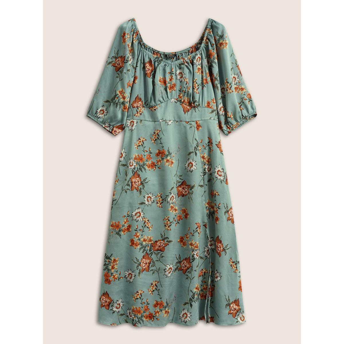 Plus Size Floral Elastic Waist Gathered Split Front Dress Mint Women Elegant Non Square Neck Elbow-length sleeve Curvy Midi Dress BloomChic 10/M Product Image