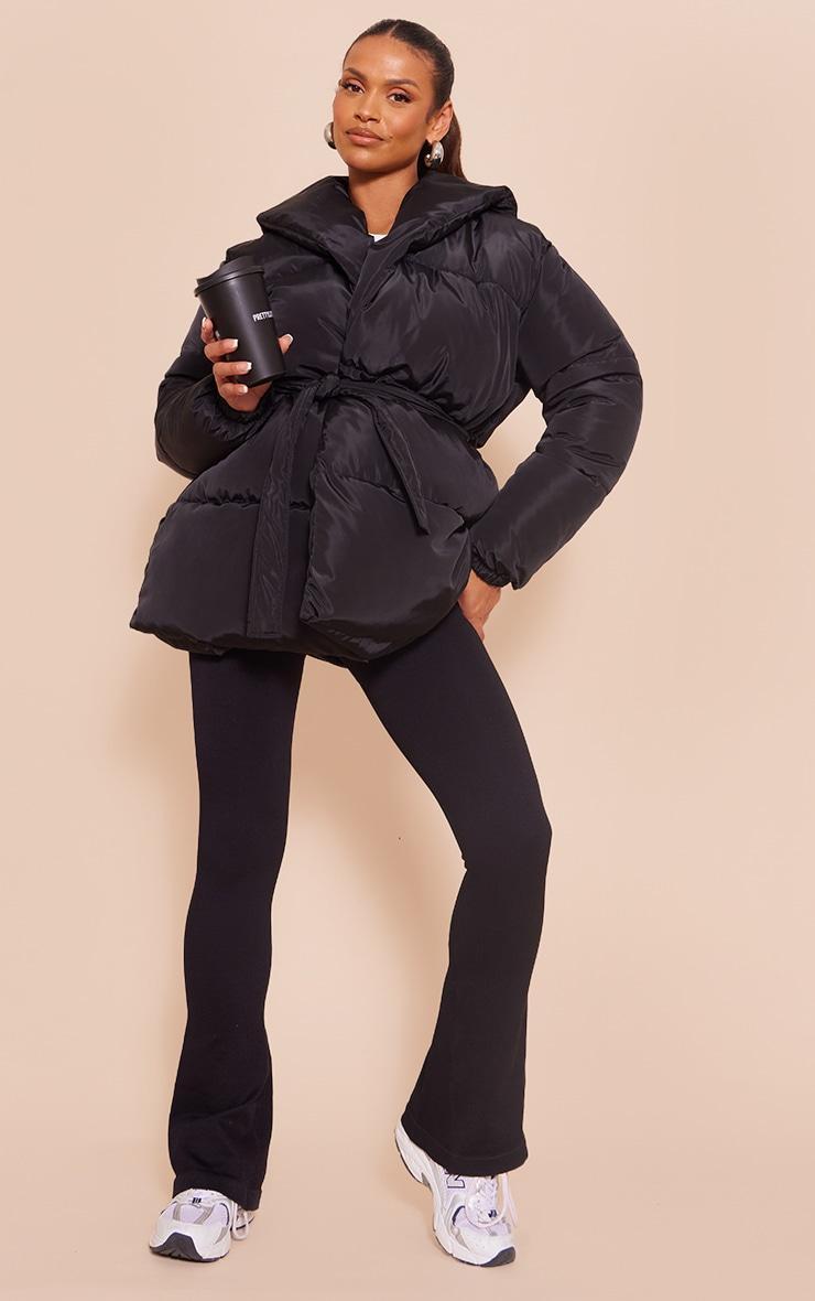 Maternity Black Oversized Collar Belt Puffer Coat Product Image