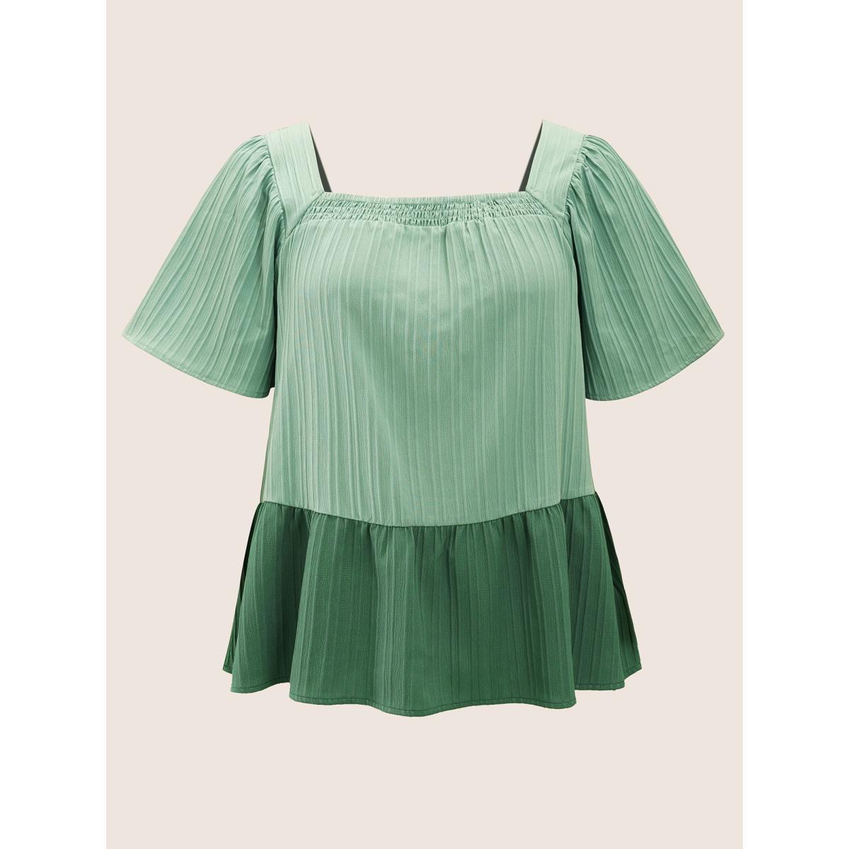 Plus Size Mint Two Tone Textured Shirred Patchwork Ruffles Hem Blouse Women Casual Half Sleeve Square Neck Everyday Blouses BloomChic 26/4X Product Image