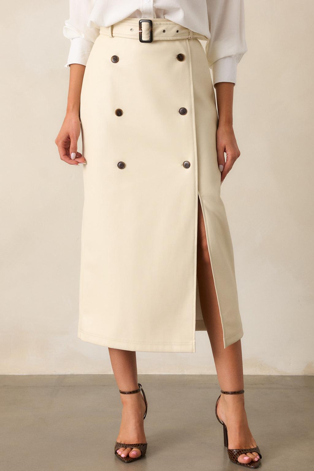 Beyond The Storm Ecru Faux Leather Midi Skirt Product Image