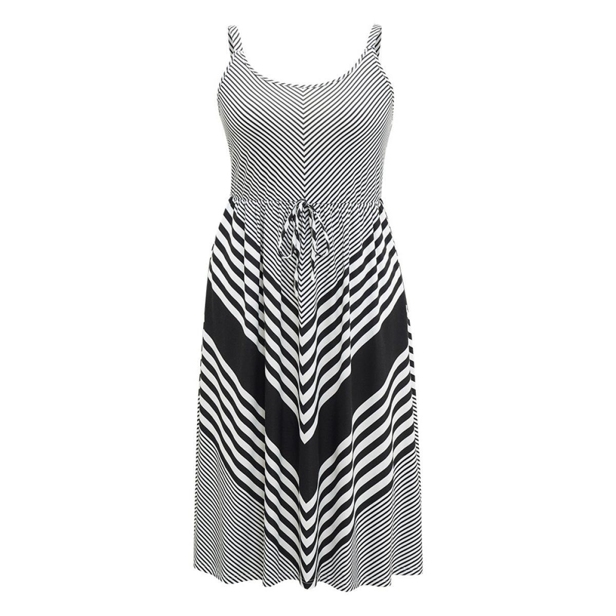 Plus Size Striped Patchwork Pocket Ties Flutter Hem Cami Dress Black Women Casual Adjustable Straps Spaghetti Strap Sleeveless Curvy Midi Dress BloomChic 12/L Product Image