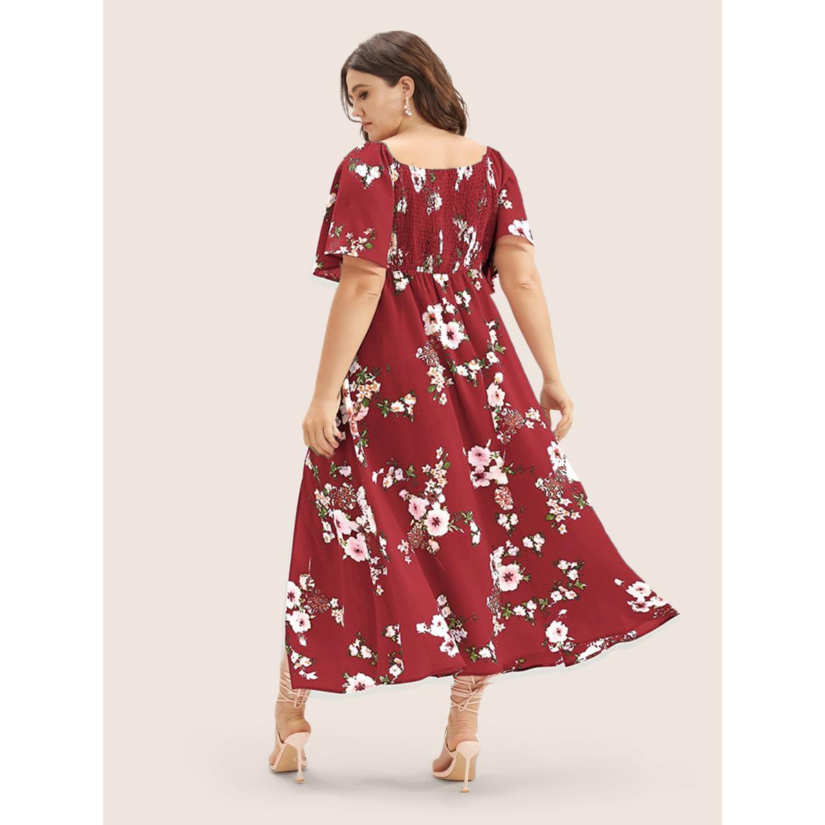 Plus Size Floral Square Neck Ruffles Pocket Shirred Split Dress Burgundy Women Elegant Non Square Neck Short sleeve Curvy BloomChic 12/L Product Image