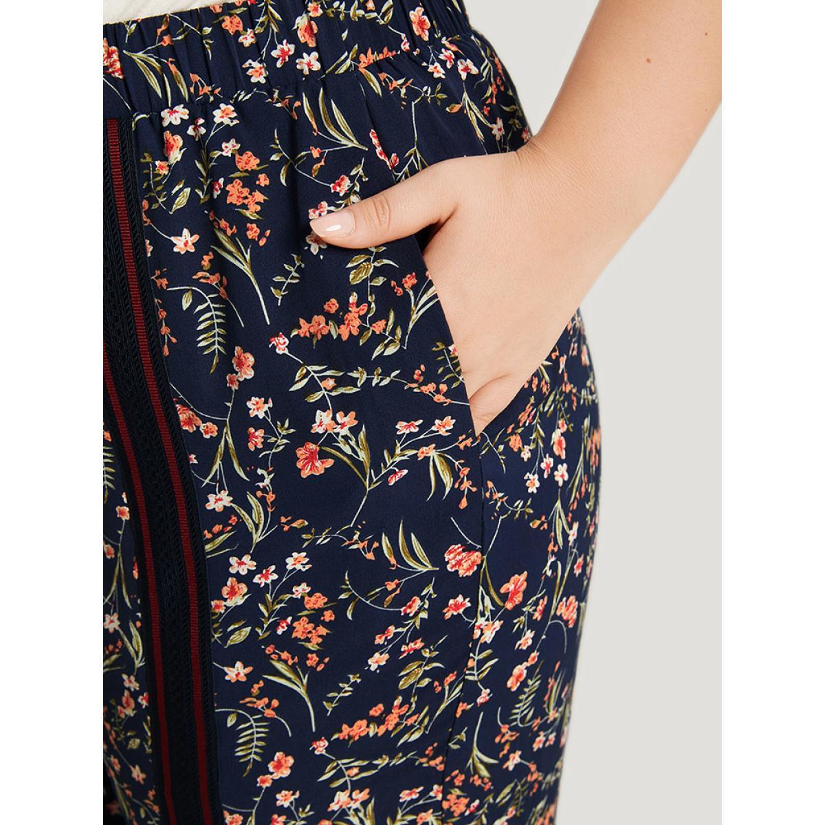 Plus Size Ditsy Floral Pocket Elastic Waist Ties Patchwork Pants Women Indigo Elegant High Rise Dailywear Pants BloomChic 22-24/3X Product Image
