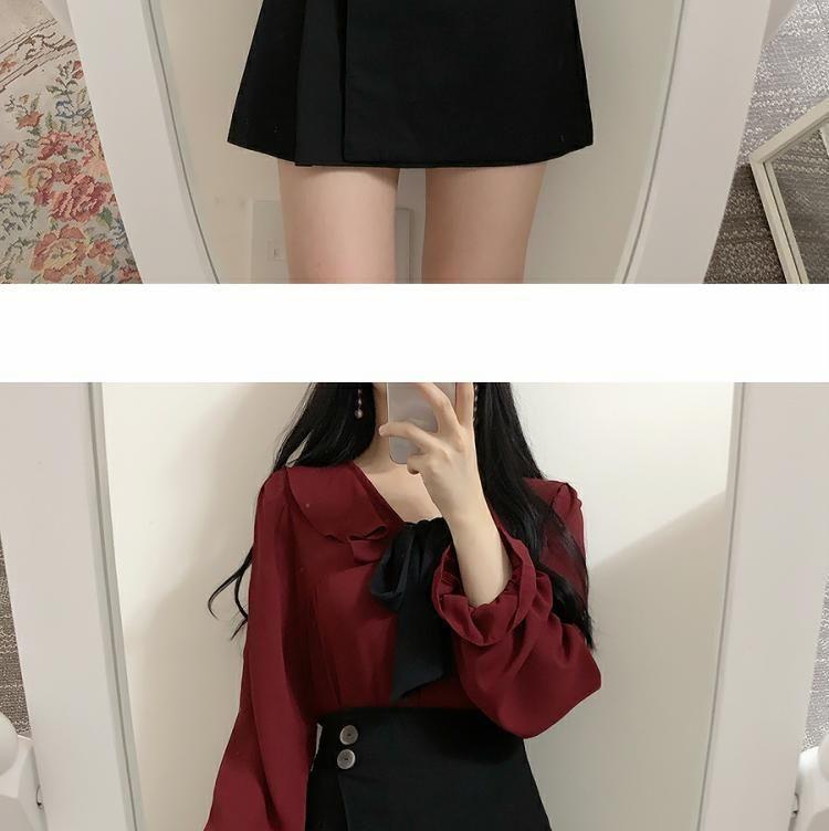 Long-Sleeve Ruffle Tie-Neck Blouse / A-Line Mini Skirt Product Image