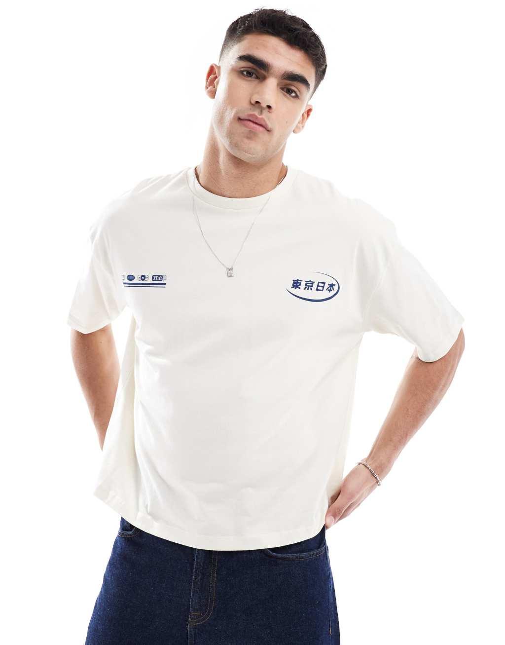 ASOS DESIGN boxy oversized T-shirt with back and chest print in off white Product Image