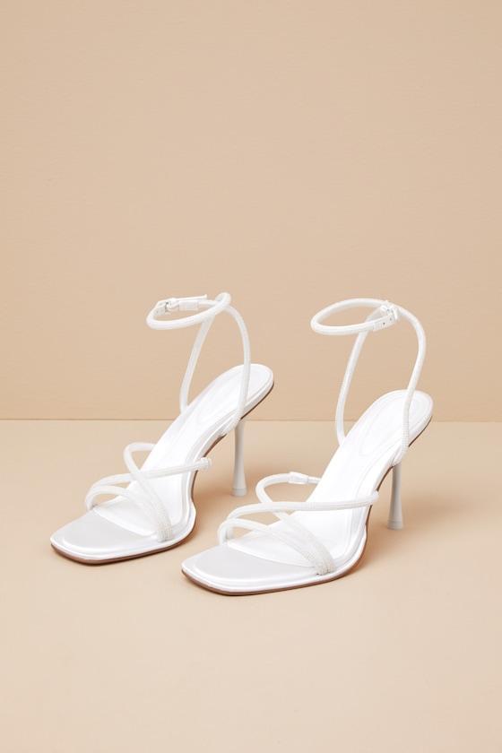 Dalilah Off White Satin Pearl Ankle Strap High Heel Sandals Product Image