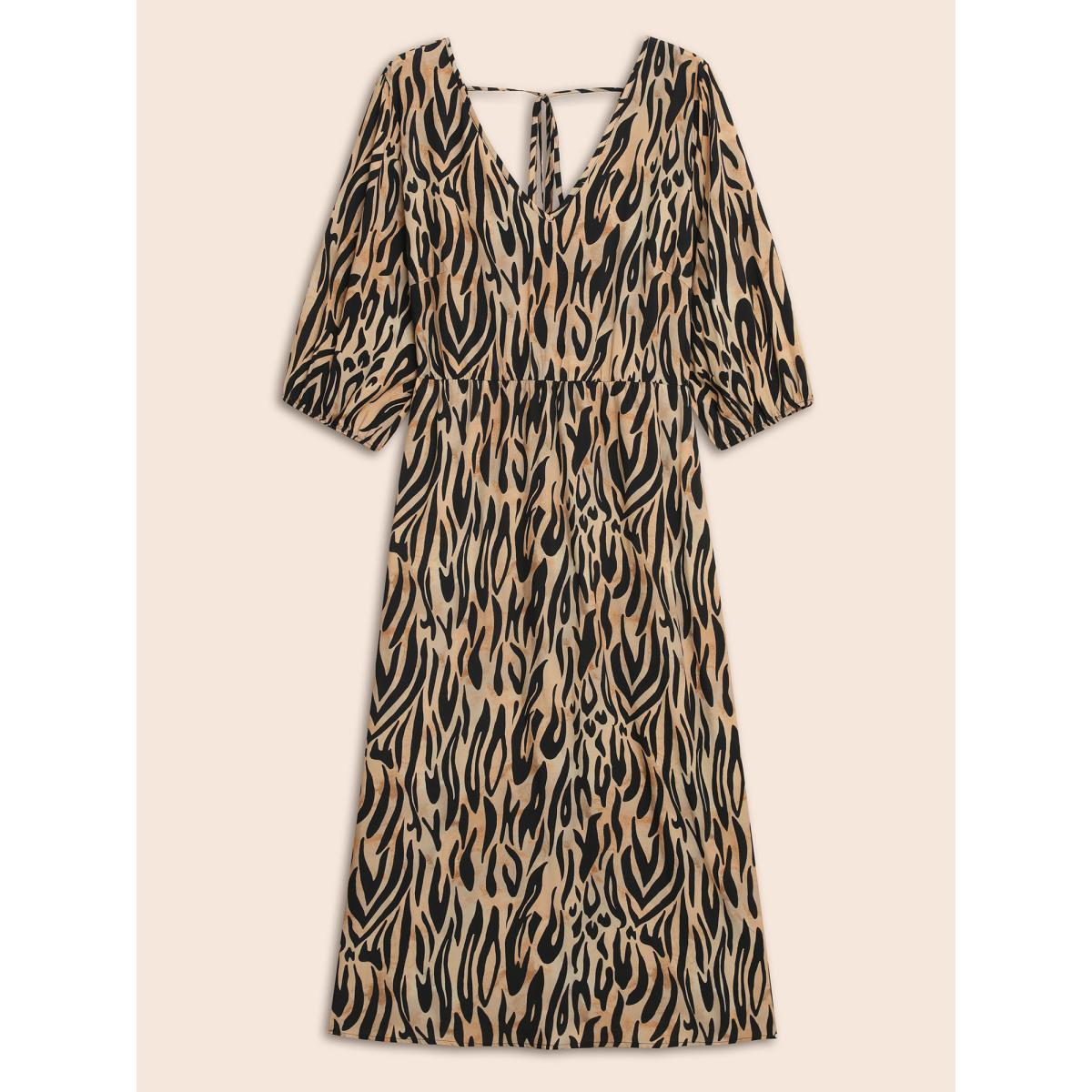 Plus Size Leopard Print Tie Knot Lantern Sleeve Dress Yellowishbrown Women Workwear Essentials Tie knot V-neck Elbow-length sleeve Curvy BloomChic 14-16/1X Product Image
