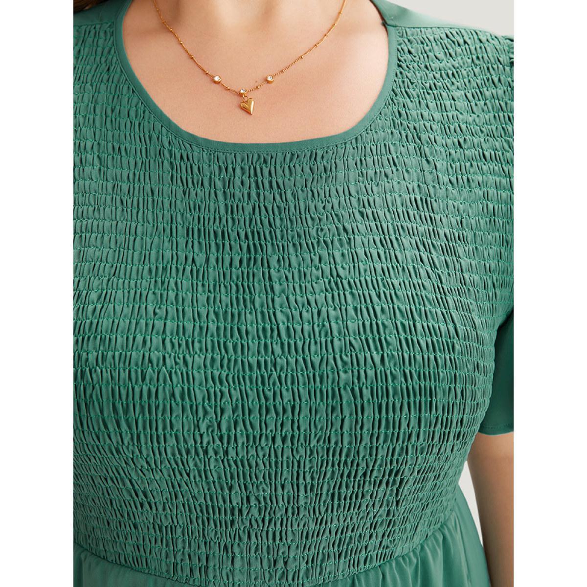 Plus Size Solid Shirred Pocket Layered Hem Dress Emerald Women Elegant Plain Round Neck Short sleeve Curvy Midi Dress BloomChic 12/L Product Image