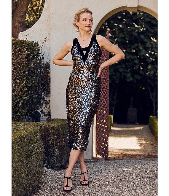 Trina Turk Yanna Petal Paillette Sequin V-Neck Velvet Trim Bow Dress Product Image