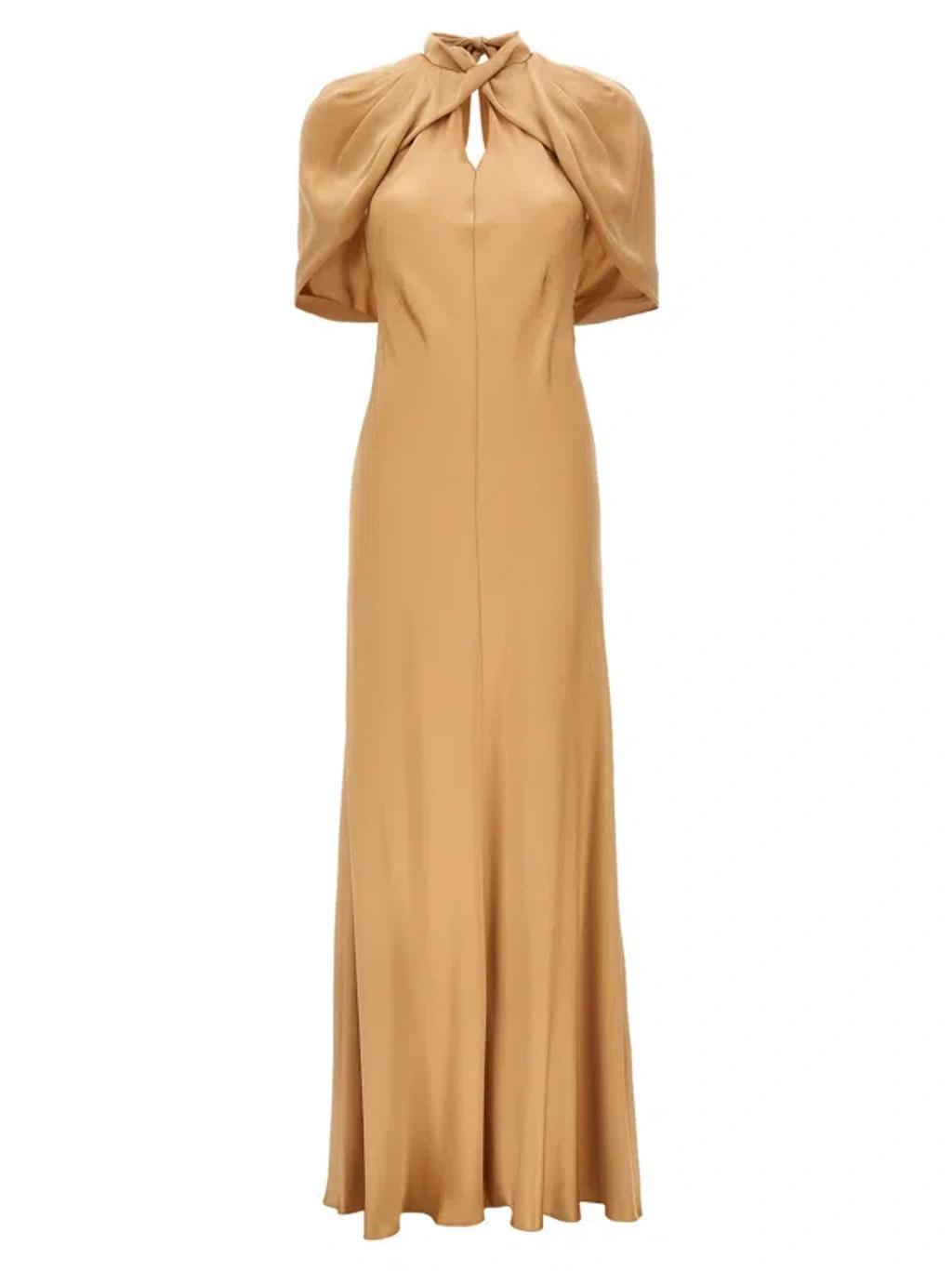 ALBERTA FERRETTI Long Satin Dress In Beige Product Image