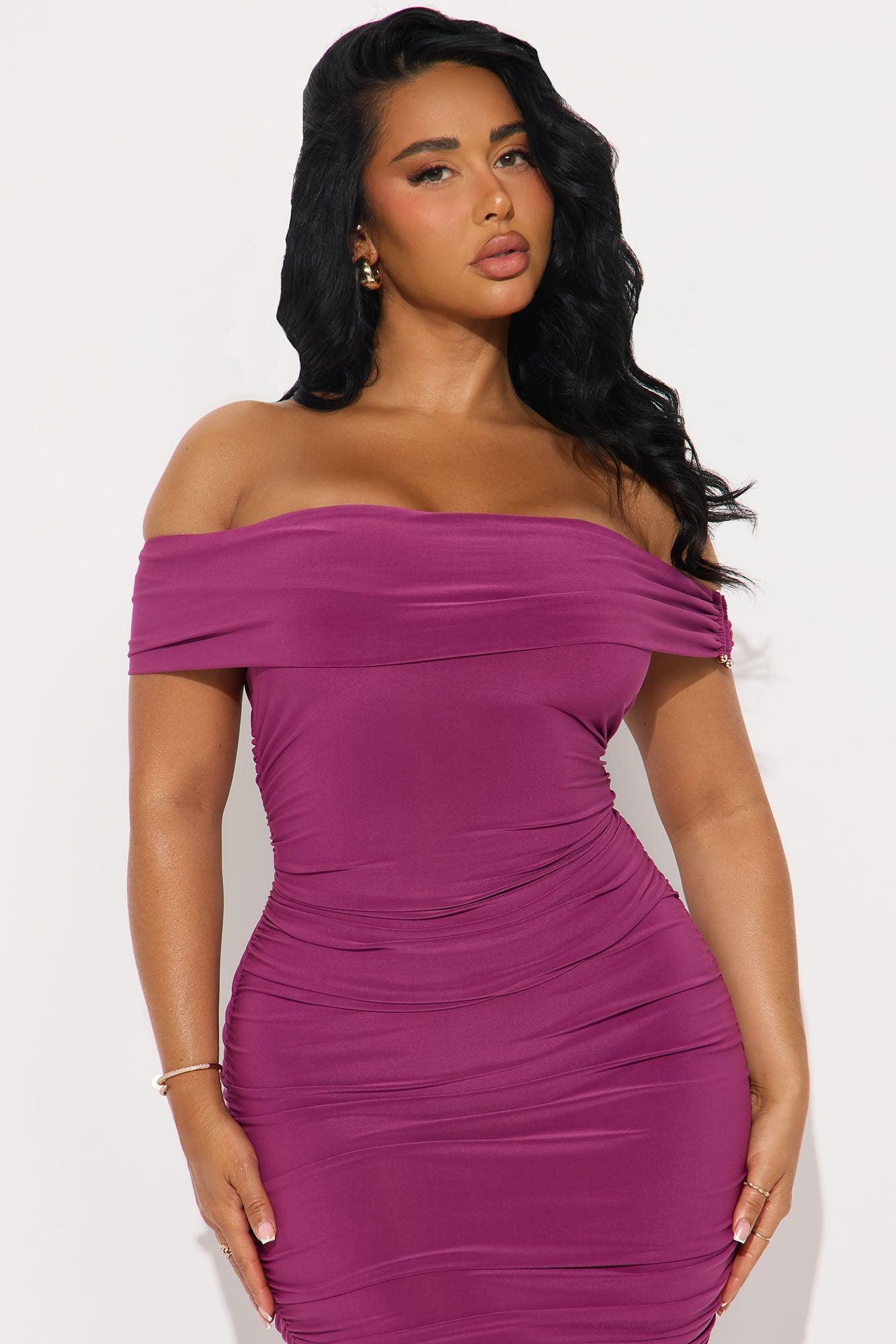Della Off Shoulder Ruched Mini Dress - Magenta Product Image