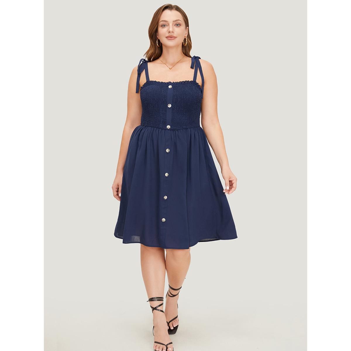 Plus Size Plain Button Detail Pocket Shirred Ruffles Knot Cami Dress Indigo Women Elegant Frill Trim Spaghetti Strap Sleeveless Curvy Knee Dress BloomChic 18-20/2X Product Image