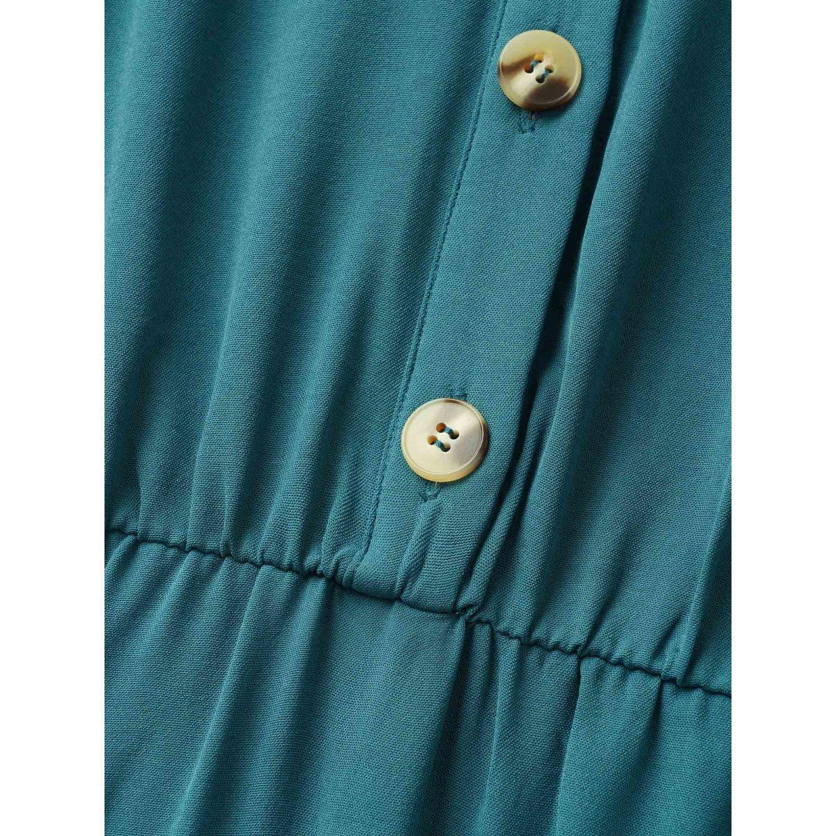 Plus Size Shirred Notched Button Up Belted Dress Aegean Women Elegant Gathered Flat collar with V-notch Short sleeve Curvy BloomChic 18-20/2X Product Image