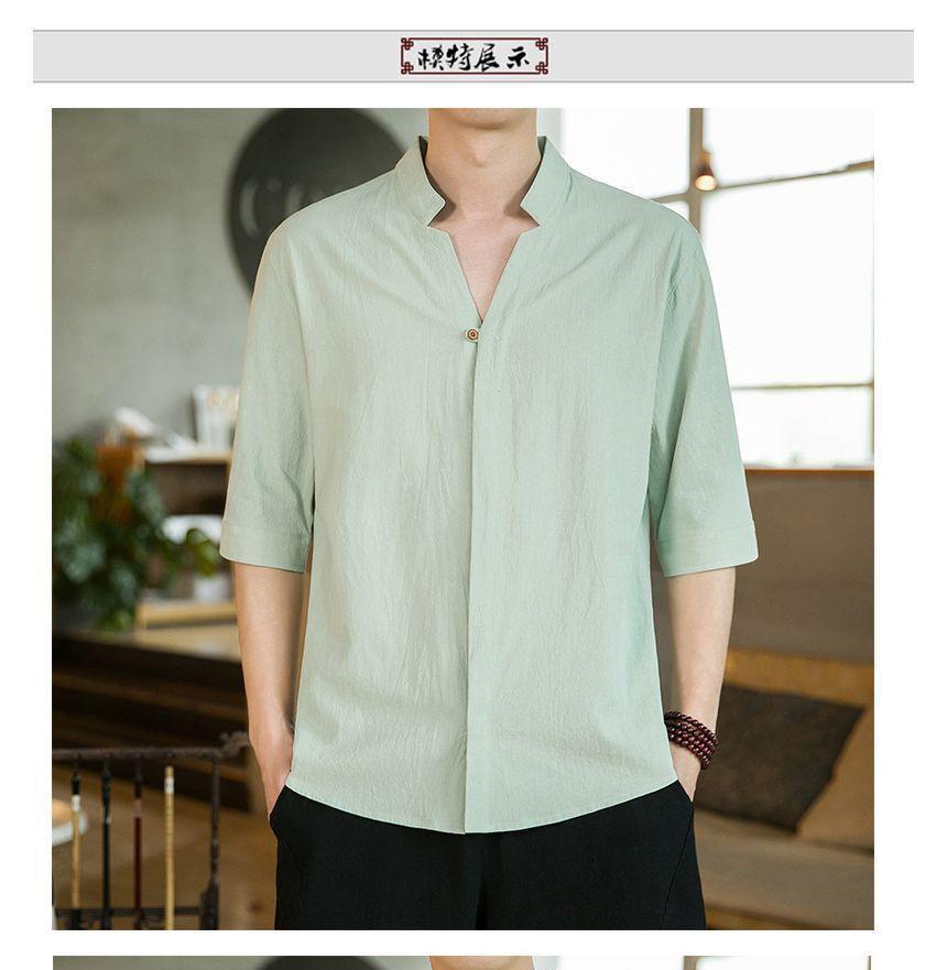 Elbow-Sleeve Plain Linen Shirt Product Image