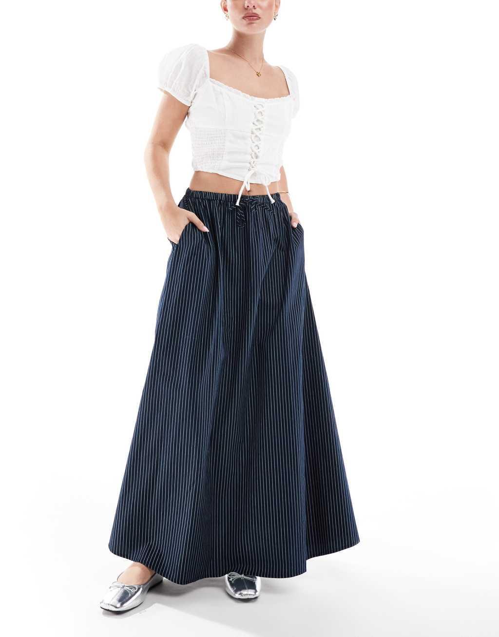 ASOS DESIGN a line tie waist maxi skirt in navy stripe Product Image