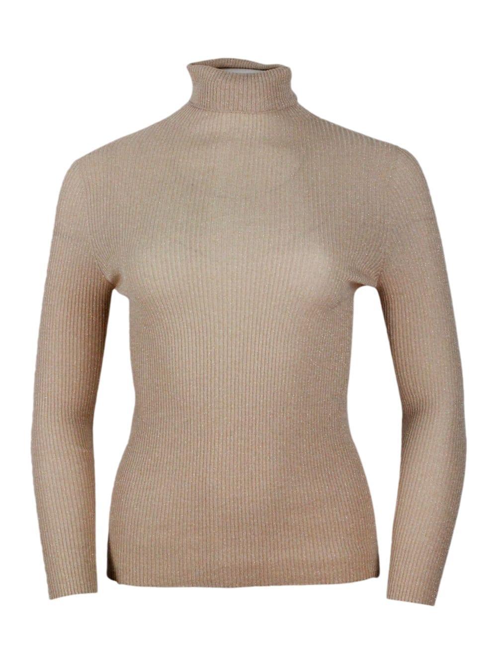 FABIANA FILIPPI Long-sleeved Turtleneck Sweater In Merino Lamè Embellished With Shiny Lurex That Gives Brightness In Beige Product Image